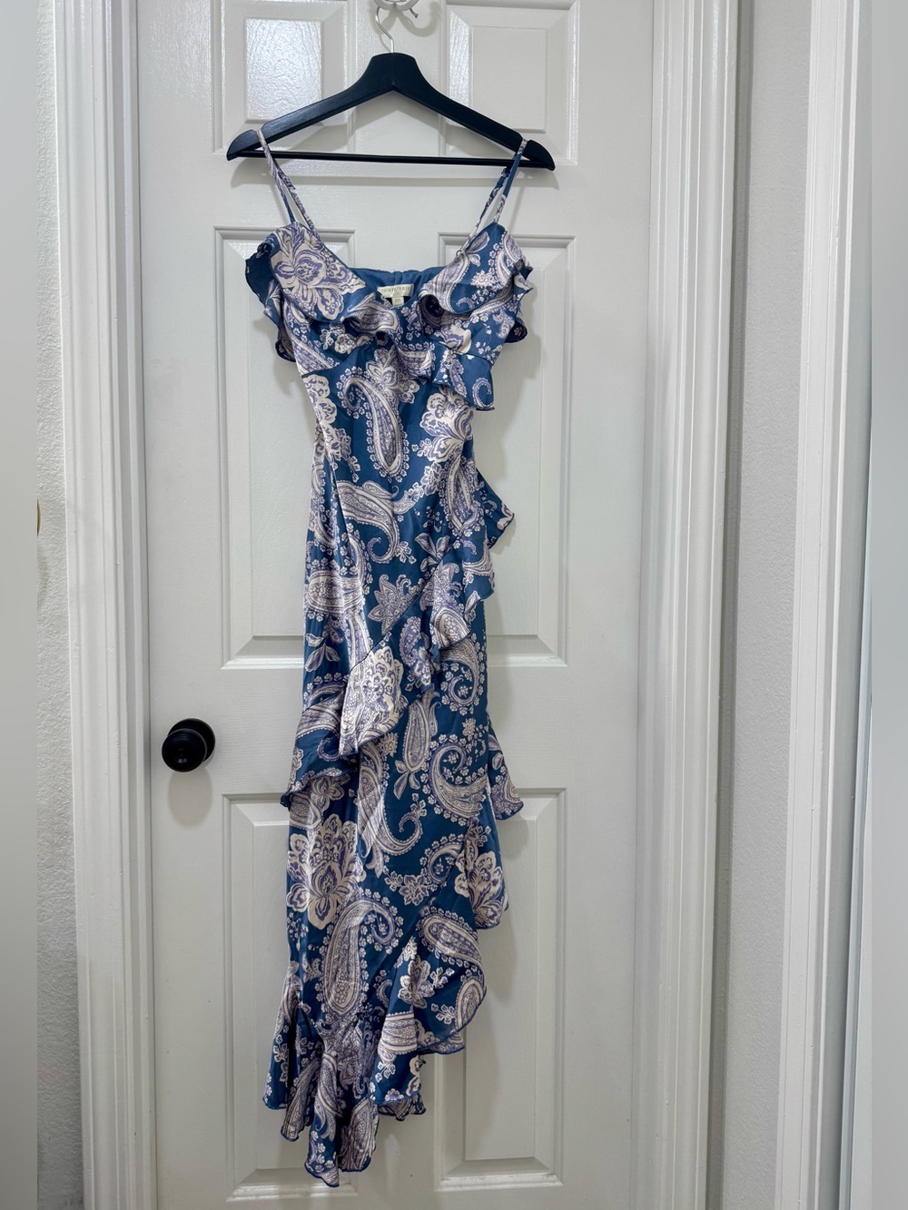 Blue & Ivory Paisley Ruffle Slip Dress